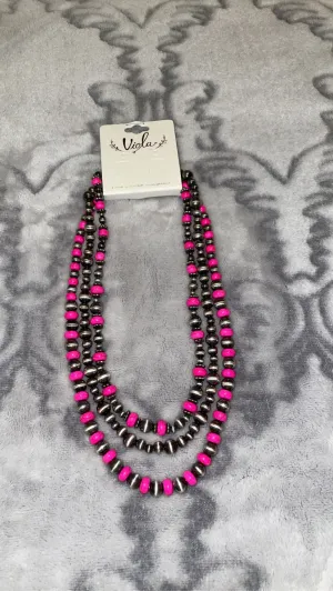 Triple Layered Bright Pink and Silver Necklace