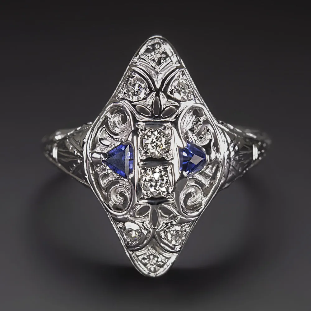 VINTAGE DIAMOND SAPPHIRE COCKTAIL RING ART DECO 14k WHITE GOLD NAVETTE FILIGREE