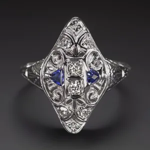 VINTAGE DIAMOND SAPPHIRE COCKTAIL RING ART DECO 14k WHITE GOLD NAVETTE FILIGREE