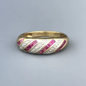 Vintage Gold Diamond Ruby Half Eternity Band Ring, Sz 5.5