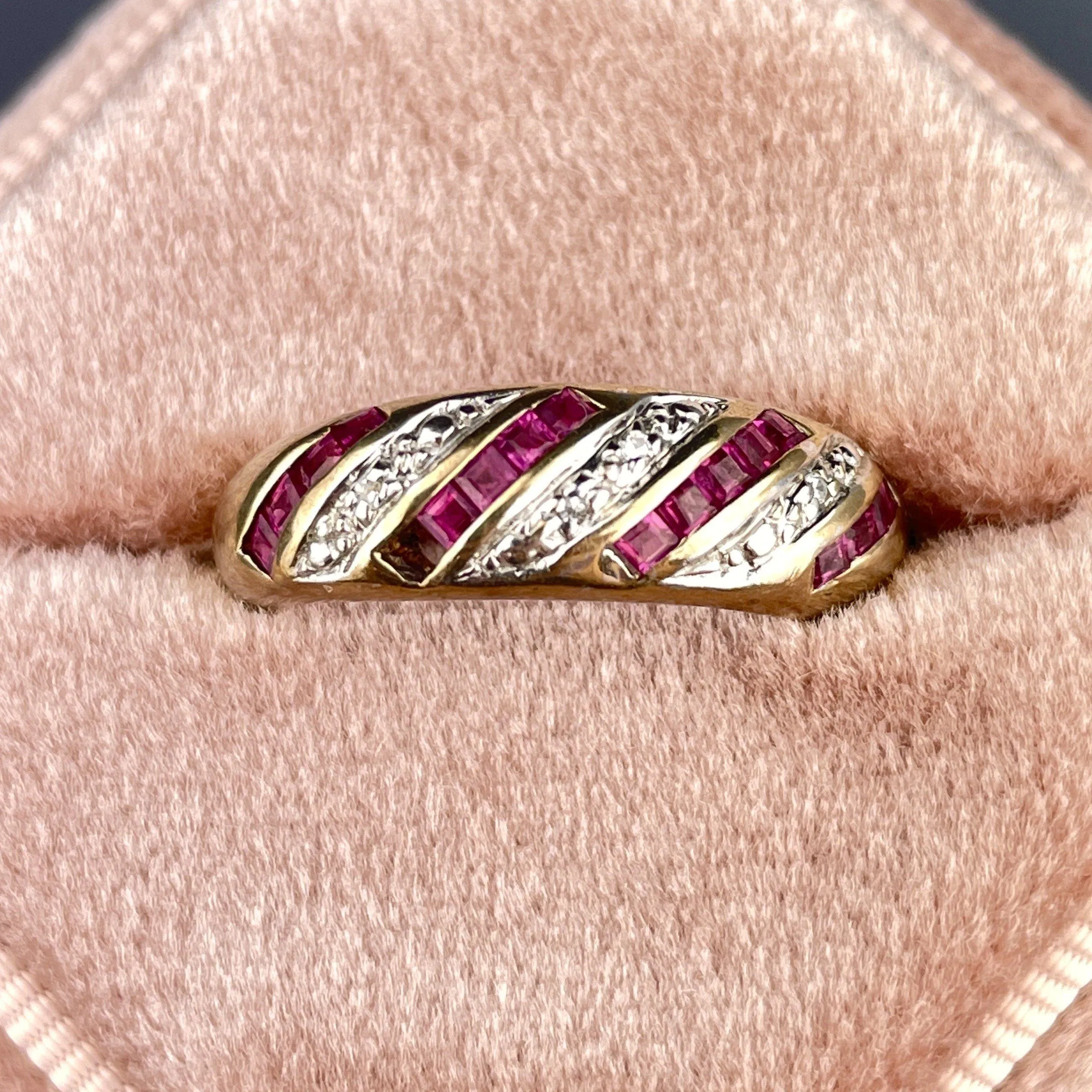Vintage Gold Diamond Ruby Half Eternity Band Ring, Sz 5.5