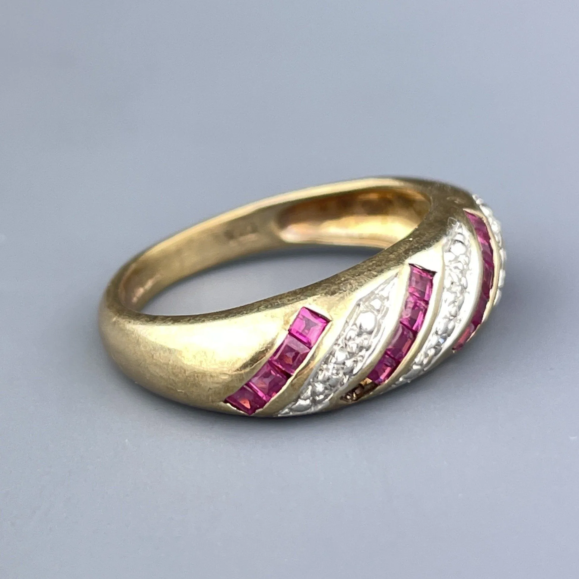 Vintage Gold Diamond Ruby Half Eternity Band Ring, Sz 5.5