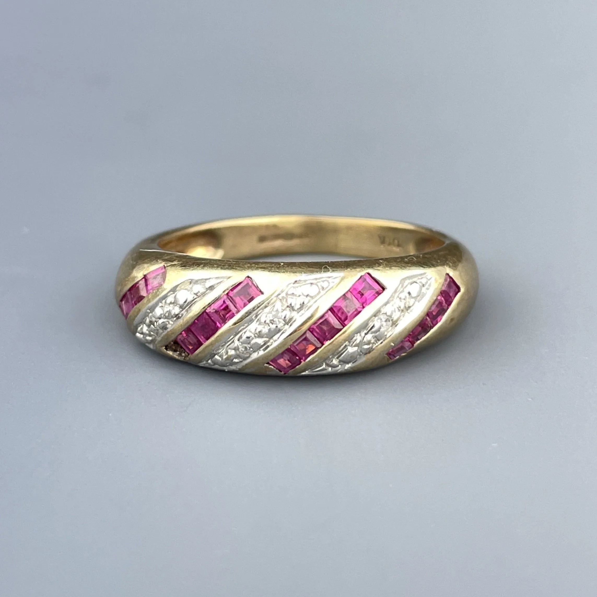 Vintage Gold Diamond Ruby Half Eternity Band Ring, Sz 5.5