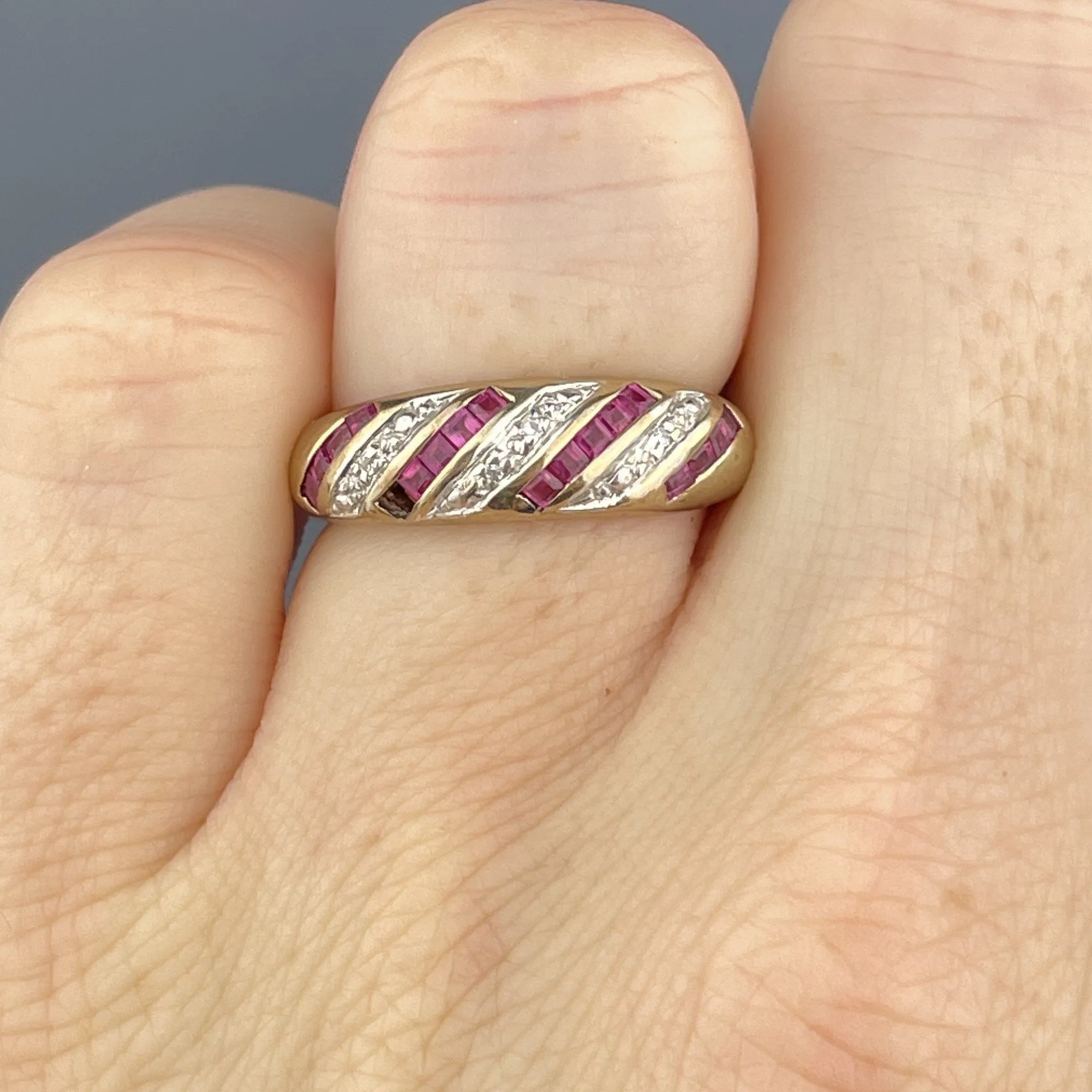 Vintage Gold Diamond Ruby Half Eternity Band Ring, Sz 5.5