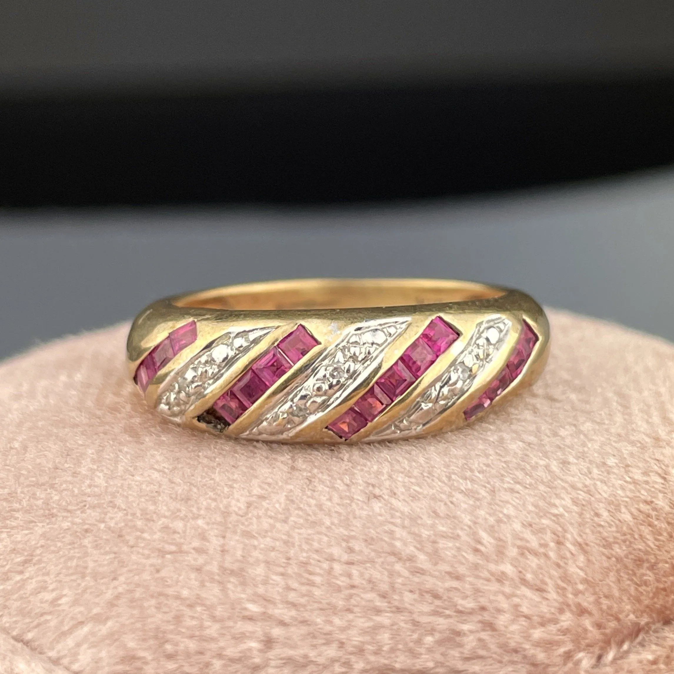 Vintage Gold Diamond Ruby Half Eternity Band Ring, Sz 5.5