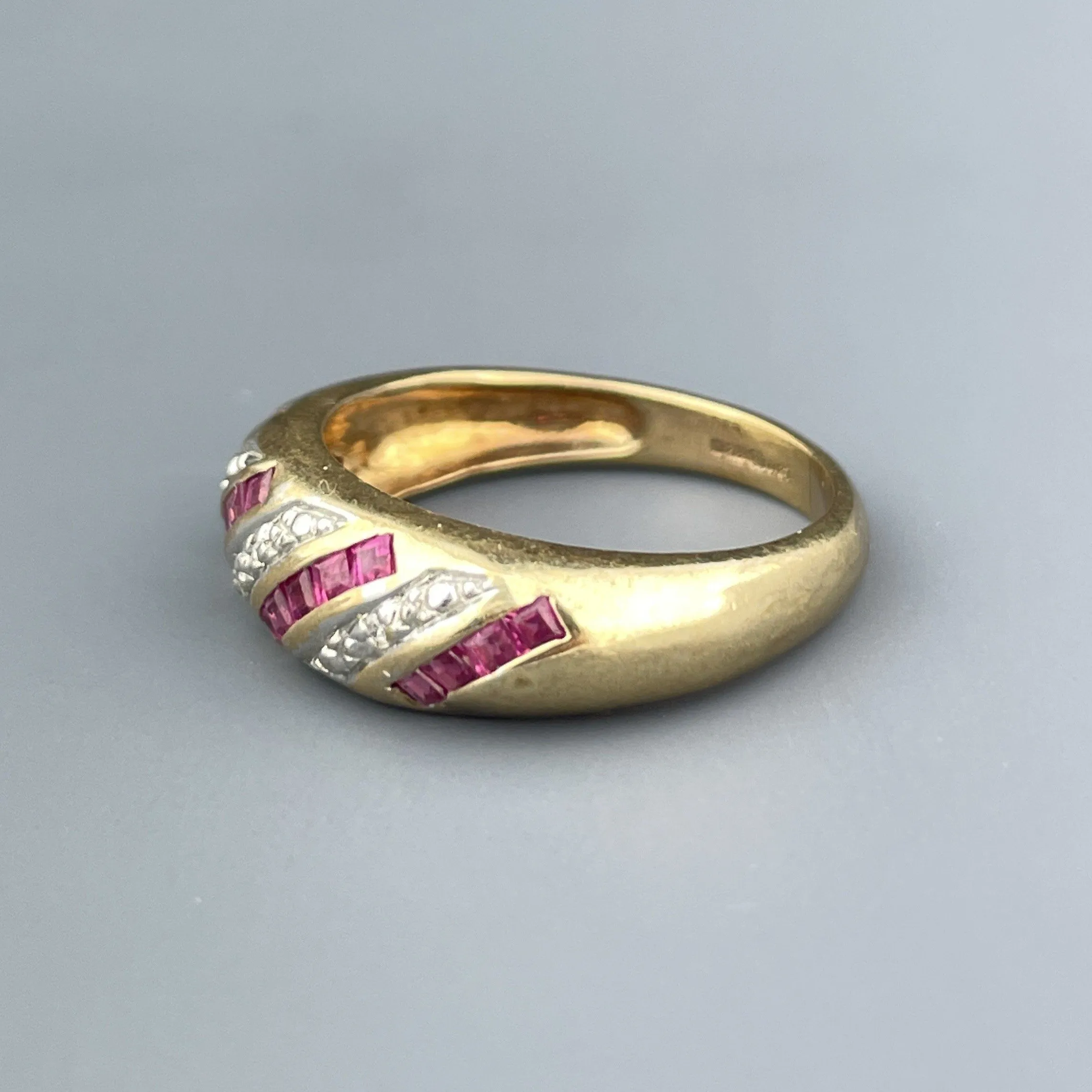 Vintage Gold Diamond Ruby Half Eternity Band Ring, Sz 5.5