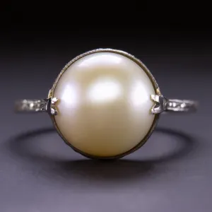 VINTAGE PEARL SOLITAIRE RING 18k WHITE GOLD HAND ENGRAVED ART DECO ESTATE 1920s