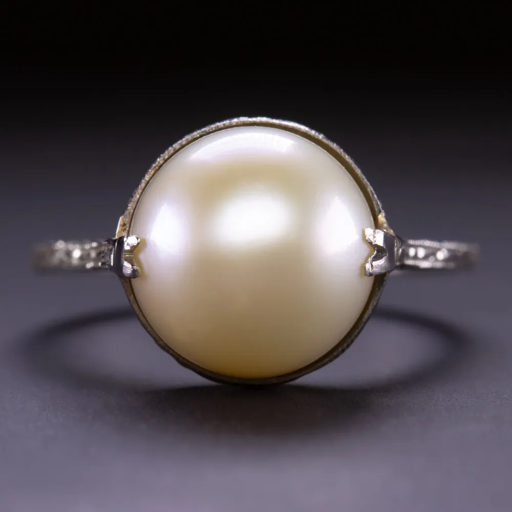 VINTAGE PEARL SOLITAIRE RING 18k WHITE GOLD HAND ENGRAVED ART DECO ESTATE 1920s