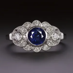 VINTAGE STYLE SAPPHIRE DIAMOND COCKTAIL RING 14k WHITE GOLD NATURAL ENGAGEMENT