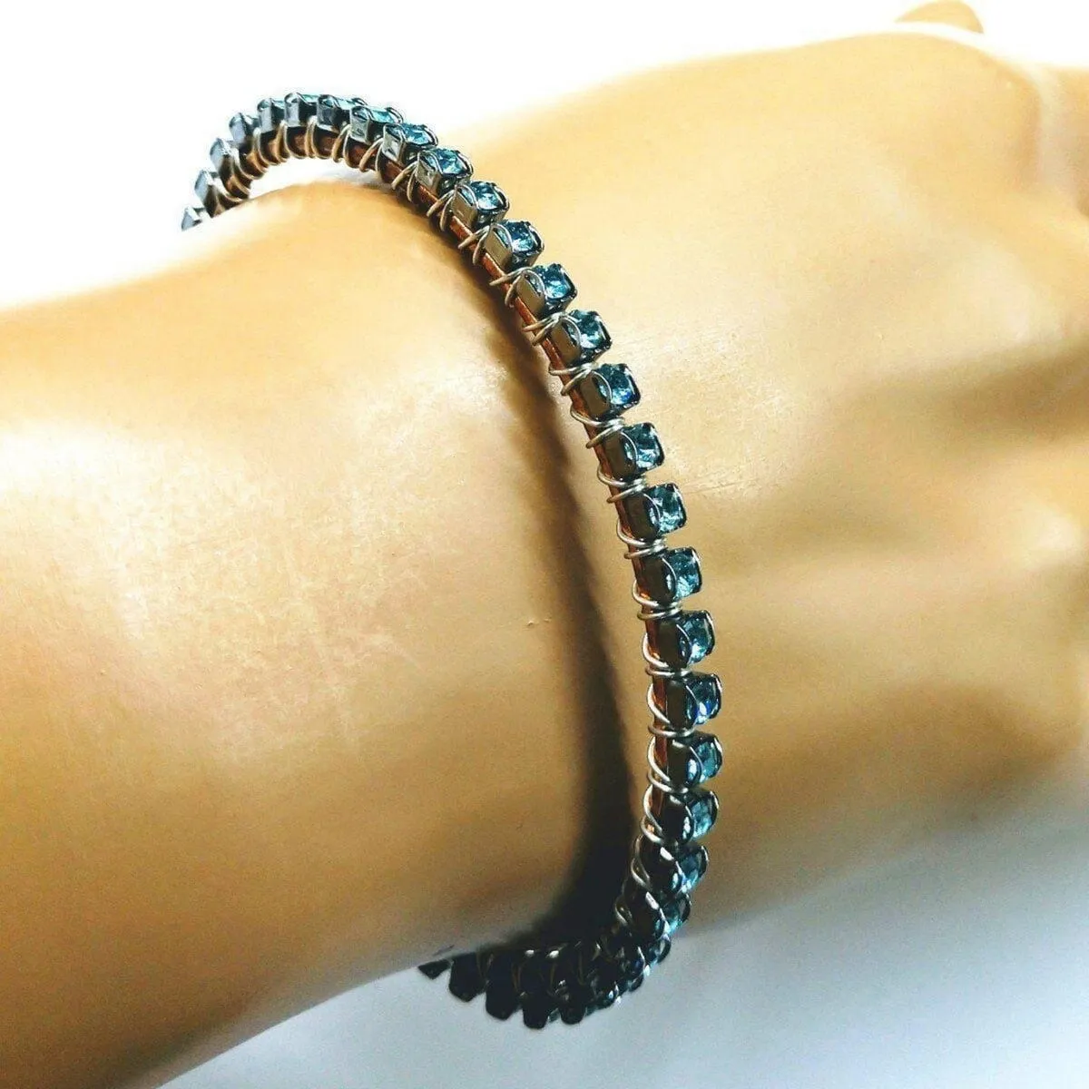 Wire Wrapped Turquoise Crystal Tennis Bracelet Bangle