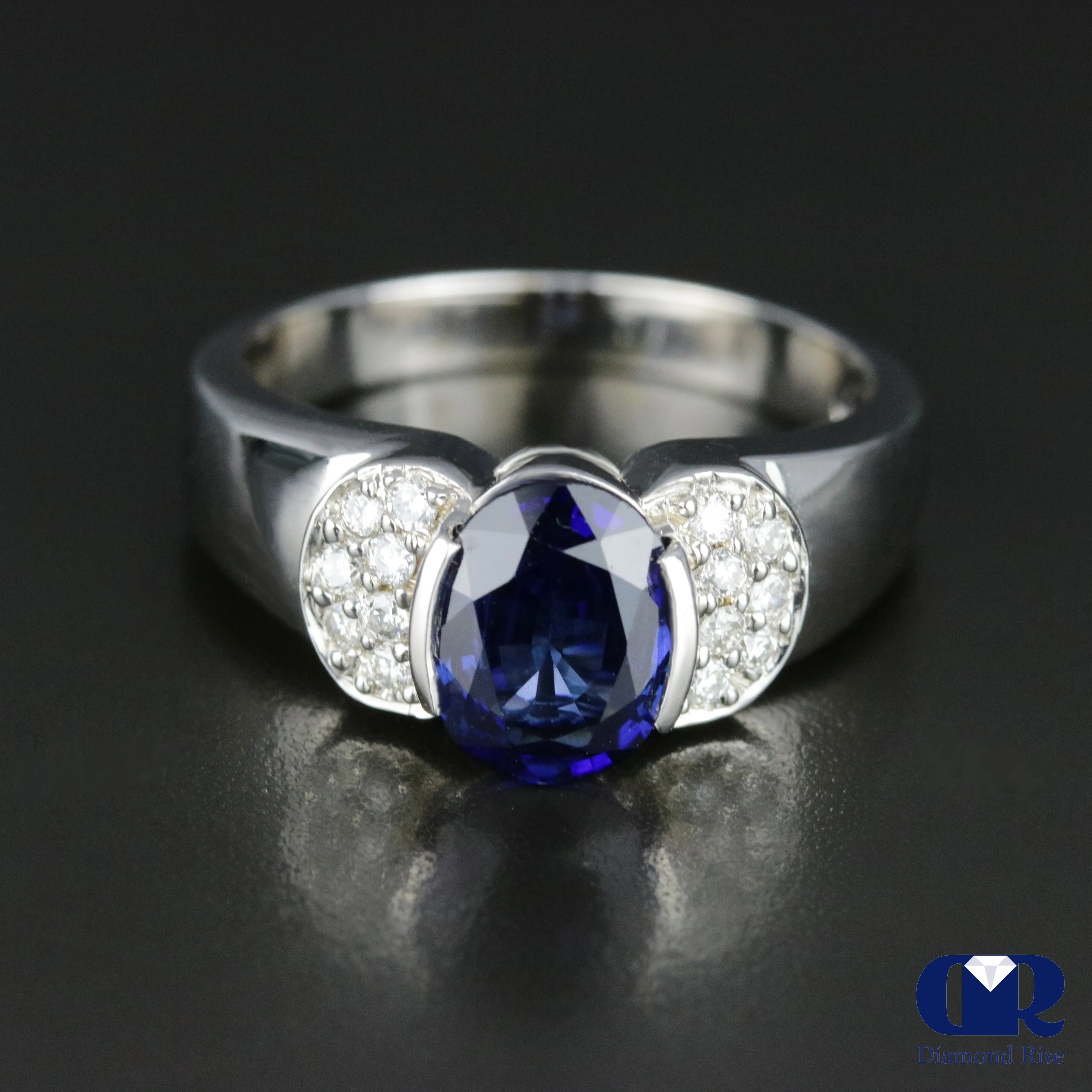 Women's Oval Sapphire & Diamond Cocktail Ring Right Hand Ring In 14K Gold
