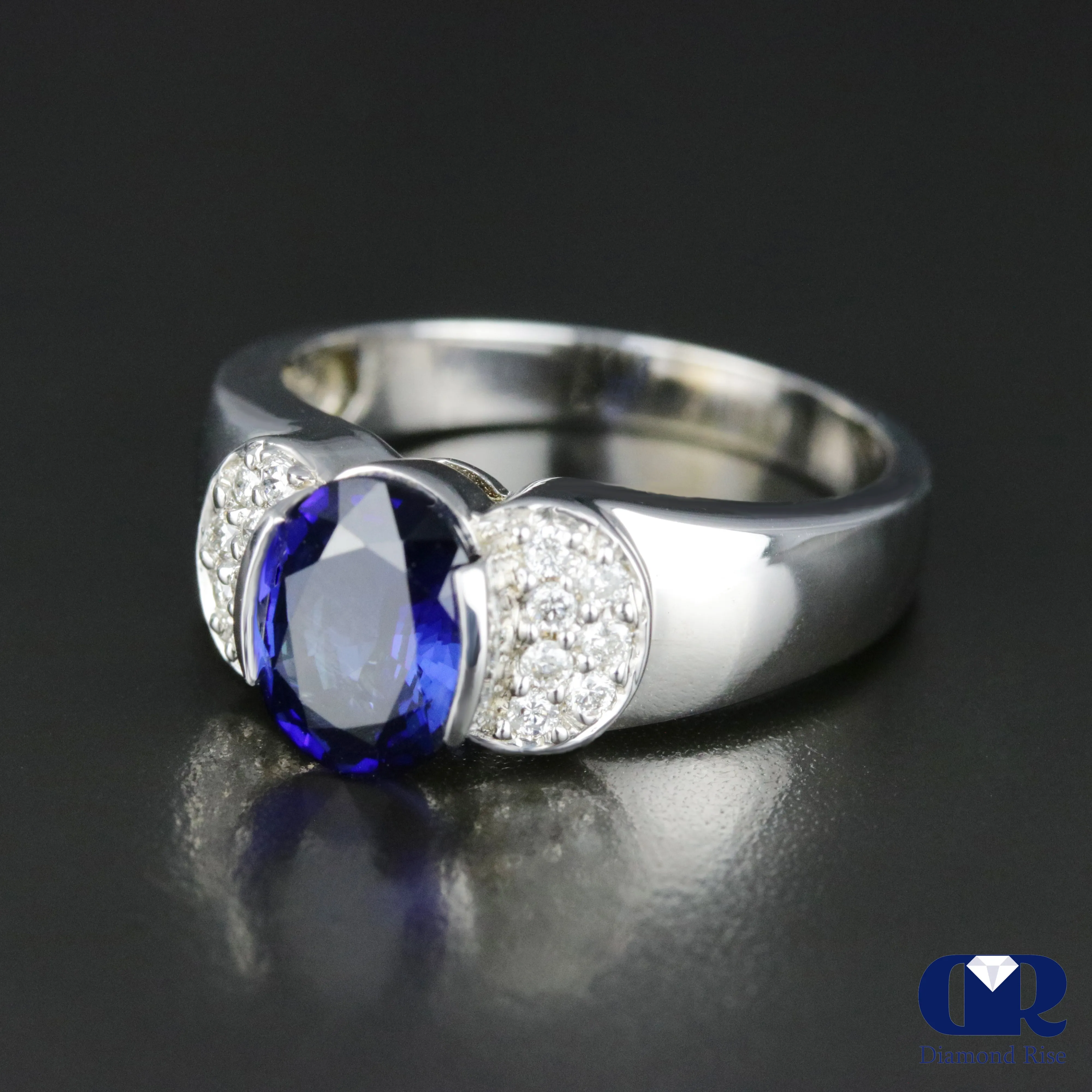 Women's Oval Sapphire & Diamond Cocktail Ring Right Hand Ring In 14K Gold