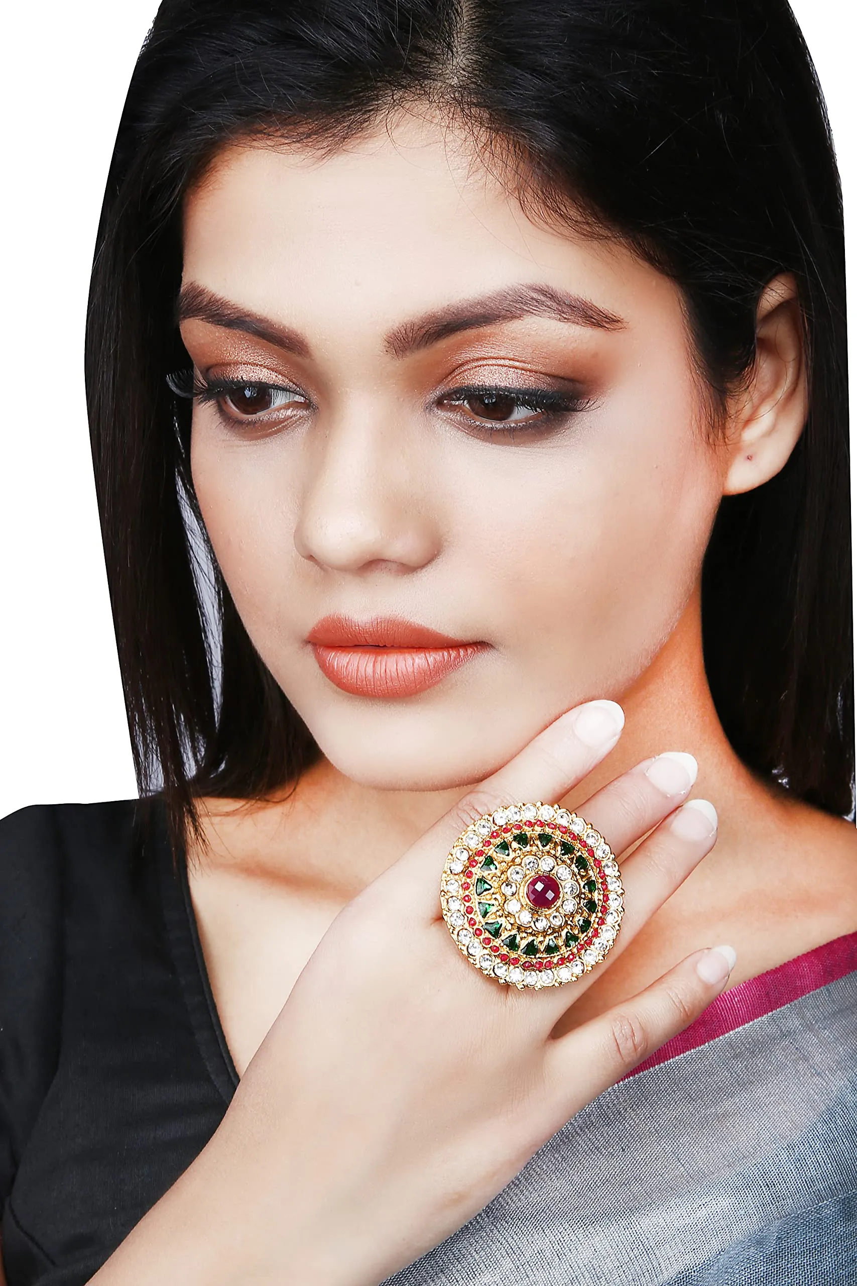 Yellow Chimes Women's Traditional Cocktail Adjustable Stone Gold Plated Stone Studded Big Floral Shaped Finger Ring Pink and Gold