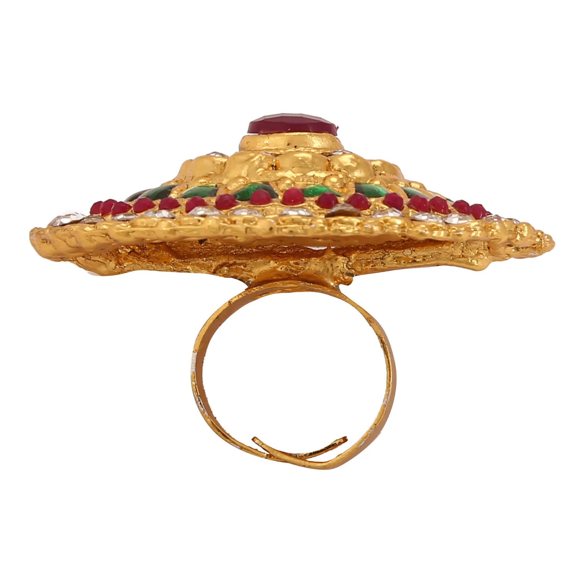 Yellow Chimes Women's Traditional Cocktail Adjustable Stone Gold Plated Stone Studded Big Floral Shaped Finger Ring Pink and Gold