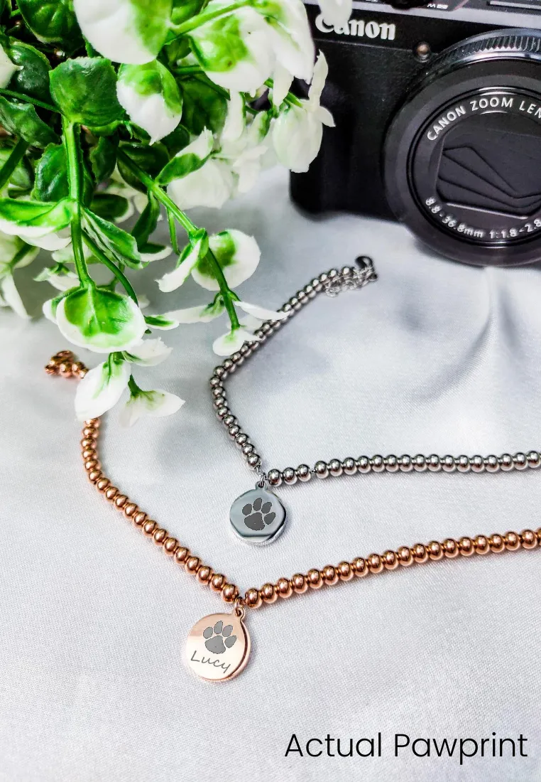 Your Pet's Actual Paw Print Custom Beaded Ball Chain Bracelet (Silver)